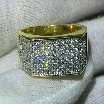 Men's Wedding Pinky Ring 2Ct Round Cut Real Moissanite 14k Yellow Gold Plated