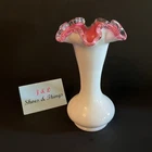 Vintage Fenton White Milk Glass Cased Peach /Pink Crest Ruffled 8.25” Vase EUC