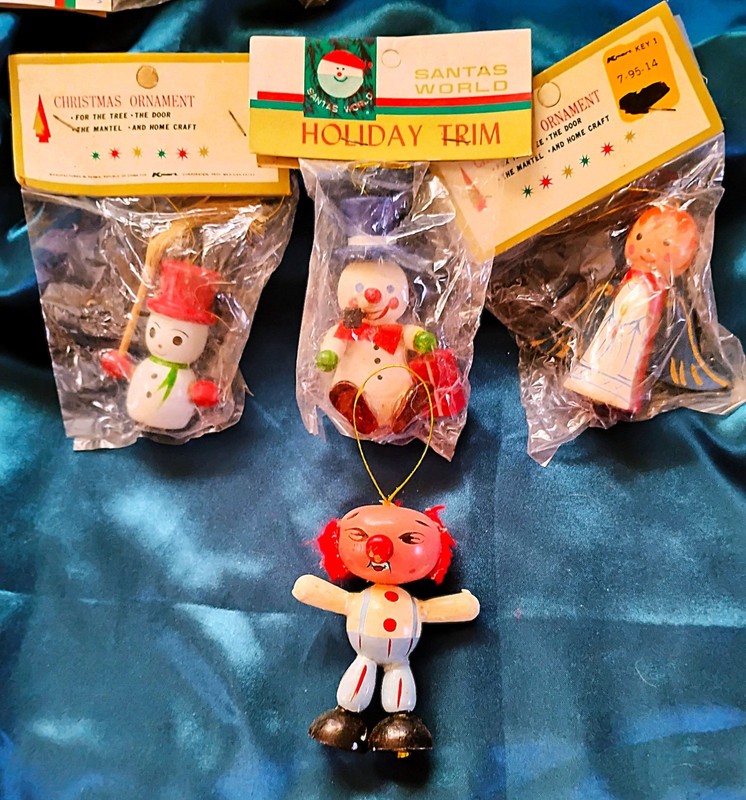 4 Vintage Wooden Christmas Ornaments Made by Santa's  World for Kmart 1970 NEW