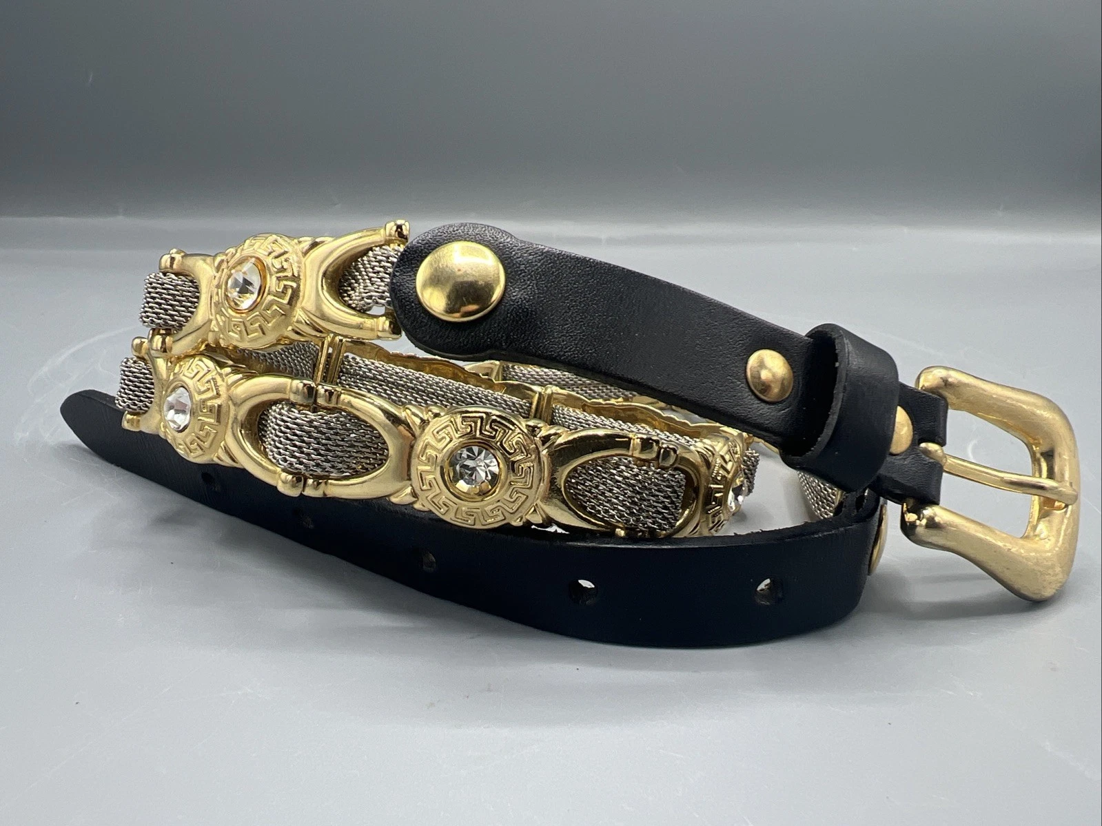 Versace — Vtg Versace Belt Estro Versa Women's Greek Key Leather Sparkling Crystal 35” SzM