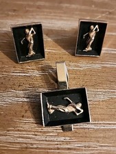 Vintage Golf Player Cufflinks And Tie Clip Square Pewter Set In Gold Metal