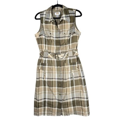 Talbots Plaid Sleeveless Shirt Dress Womens 6 Belted Button Front Cotton Safari