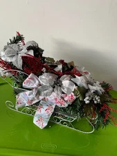 Holiday Silver Sleigh Centerpiece – Festive Floral Arrangement with Ribbon