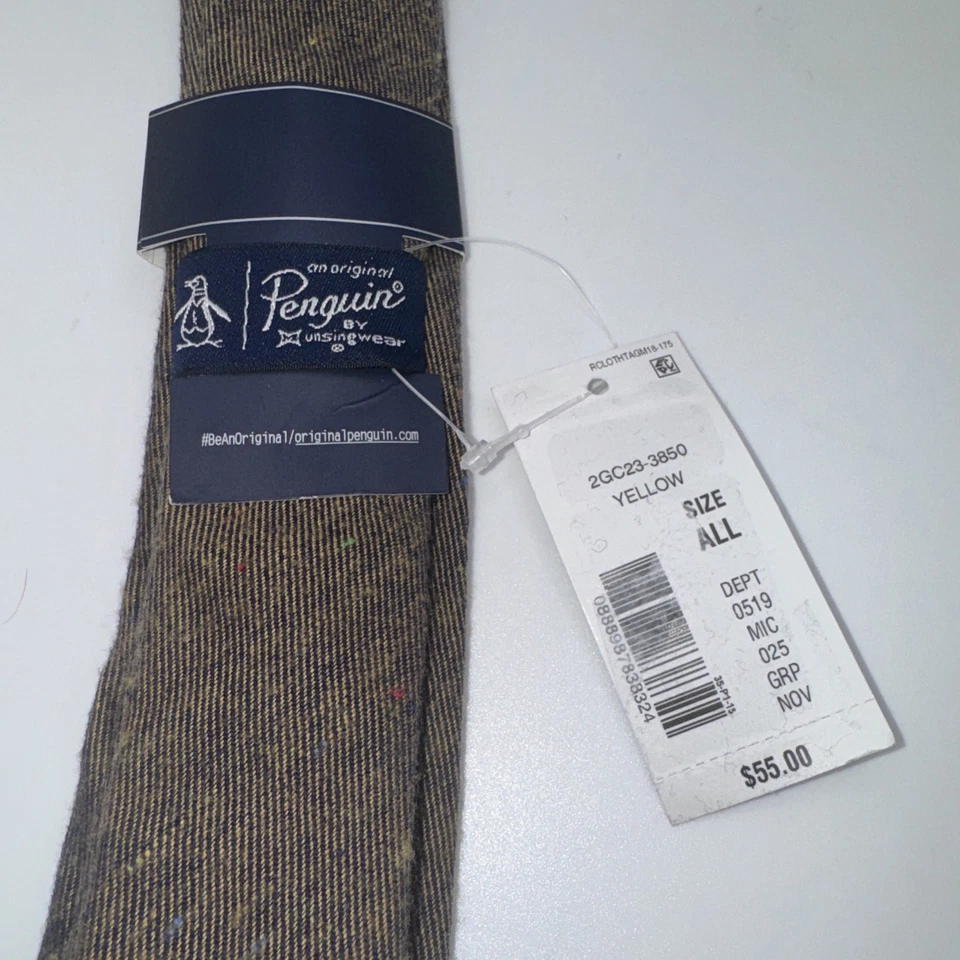 Original Penguin Skinny Necktie 100% Cotton Flannel Yellow Brown NEW $55 - Image 3 of 4