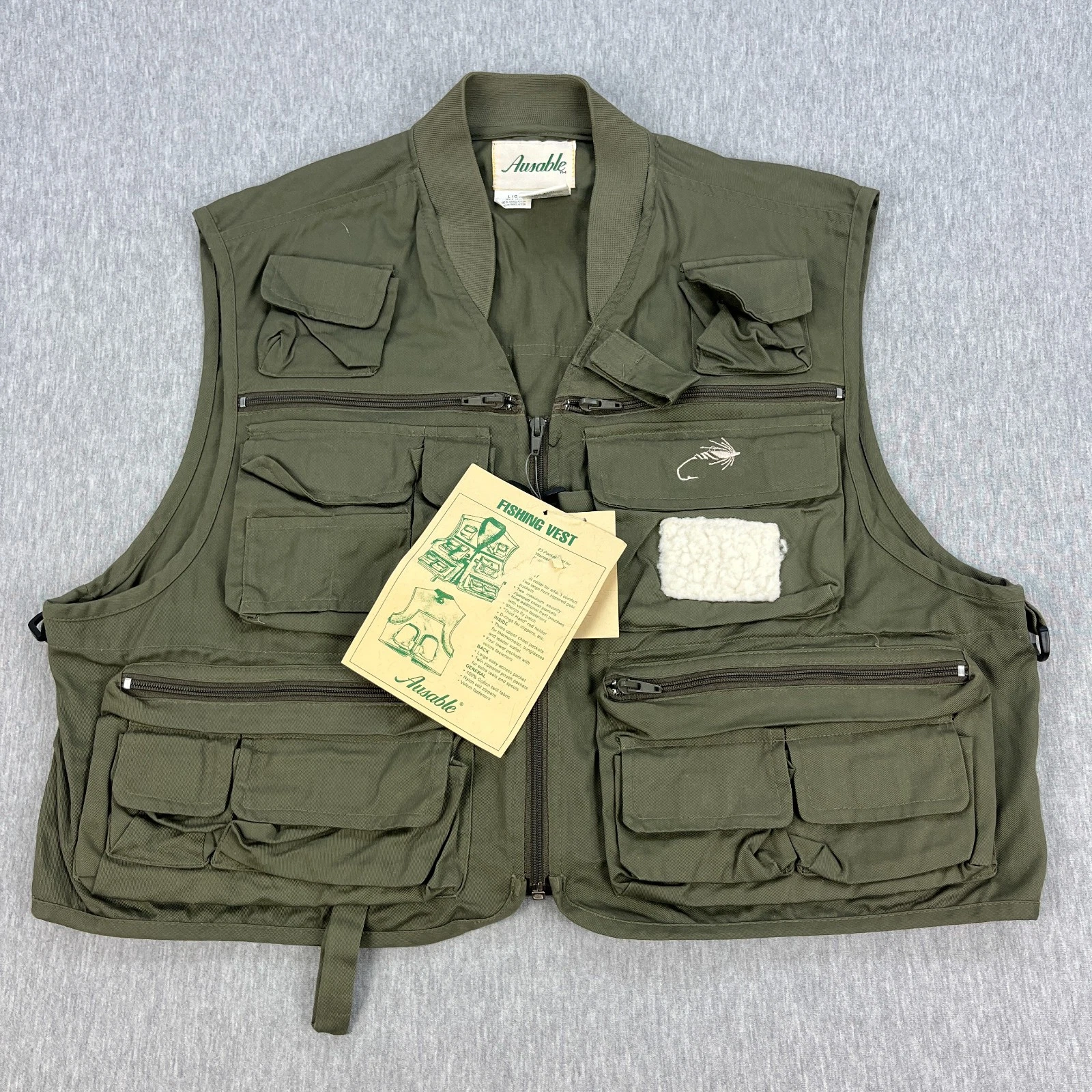 Ausable Fishing Vest Mens L Army Green Pockets Utility Cotton Twill NEW