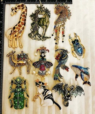 Vintage Style Animal Brooch Lot 11 Giraffe, Dragon, Cat, Unicorn Crystal Jewelry