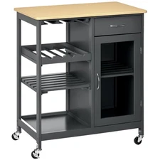 HOMCOM Rolling Kitchen Island with Storage, Kitchen Cart with 4-Bottle Wine