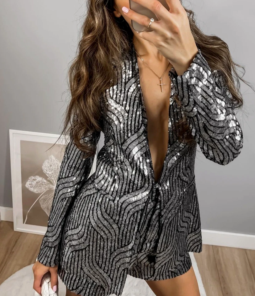 CHAQUETA BLAZER ZARA NUEVA PLATEADA LENTEJUELAS SIN SOLAPA ABRIGO TALLA XS REF. 9355/657 Foto 2 de 4