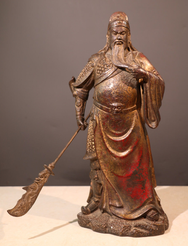 15″ fengshui old copper bronze carved guan gong yu War God sword Statue Wealth