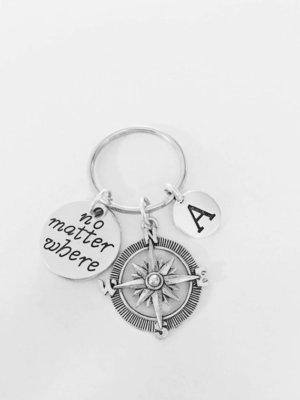 No Matter Where Keychain Compass Beach Nautical Long Distance Friend Initial