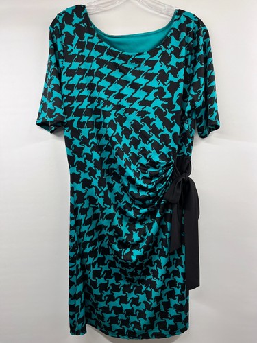 Allison Brittney Women's Size L Teal/Black Houndstooth Knee-Length Midi Dress
