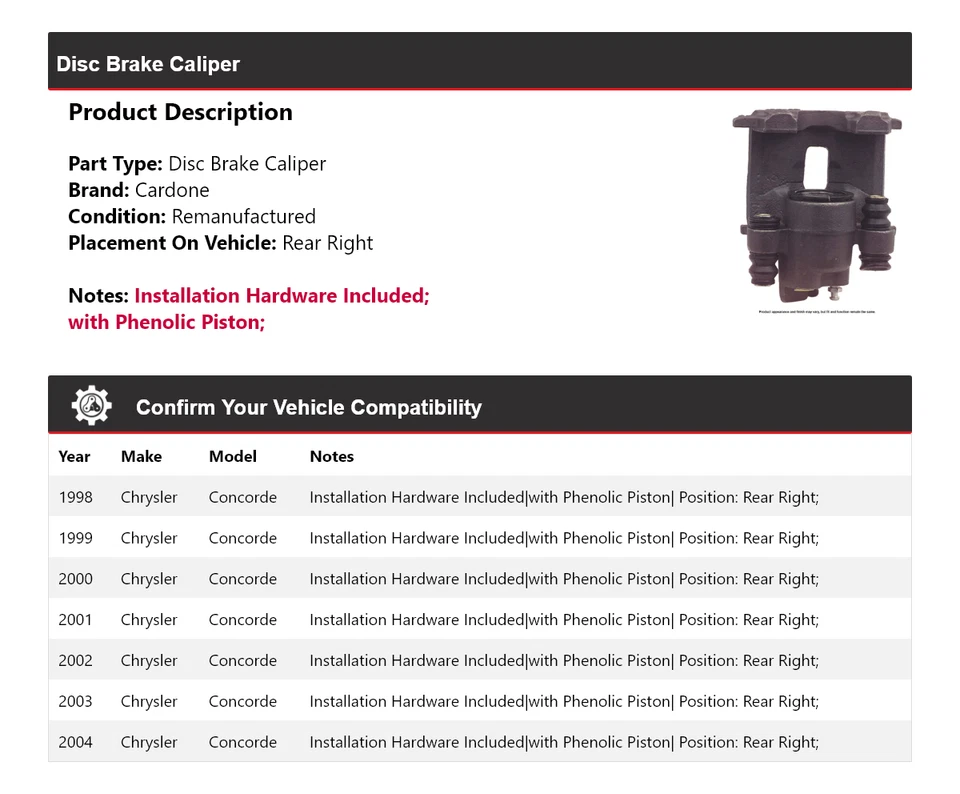 Pinza de freno de disco trasera derecha Cardone 1999 2000 para Chrysler Concorde 1998-2004 Foto 2 de 4