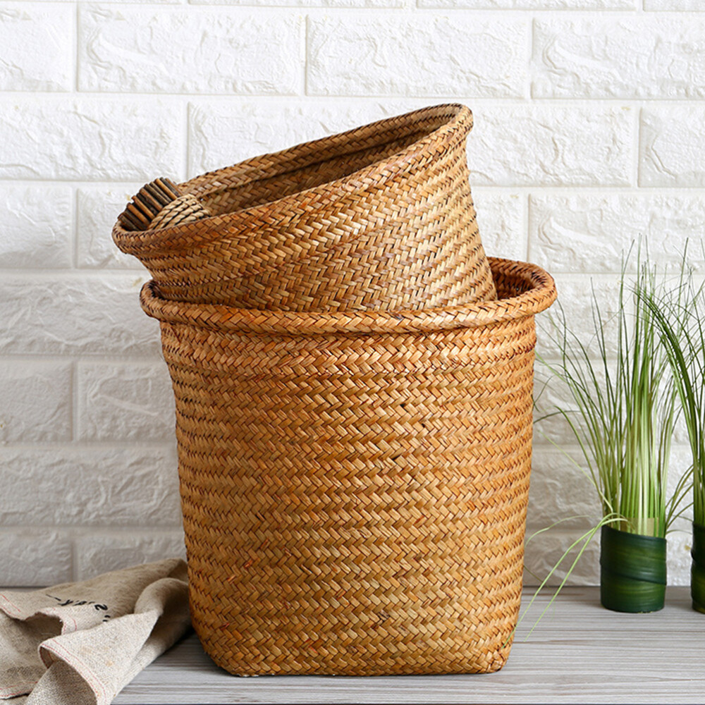 Seagrass Storage Baskets Wicker Waste Basket Seagrass Trash Can Straw Basket Bin-image