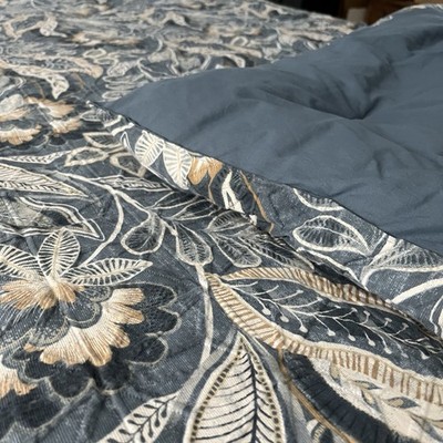 Linden Street Comforter 90x94 Floral Cottage Blue & Tan 100% Cotton Fabric