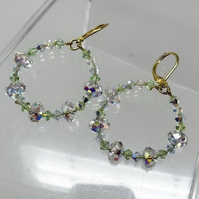 Vintage Crystal AB Beaded Hoop Earrings Gold Tone Leverback 1.75  Dangle Glam