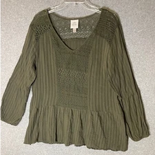 Knox Rose Olive Green Crochet Lace Peasant Top Women XXL Goblincore Peplum Gauzy