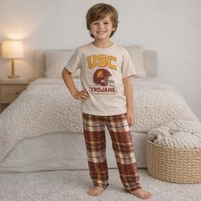 USC Trojans Kids Pajama Set Size Medium 8 Plaid Pants Graphic Tee