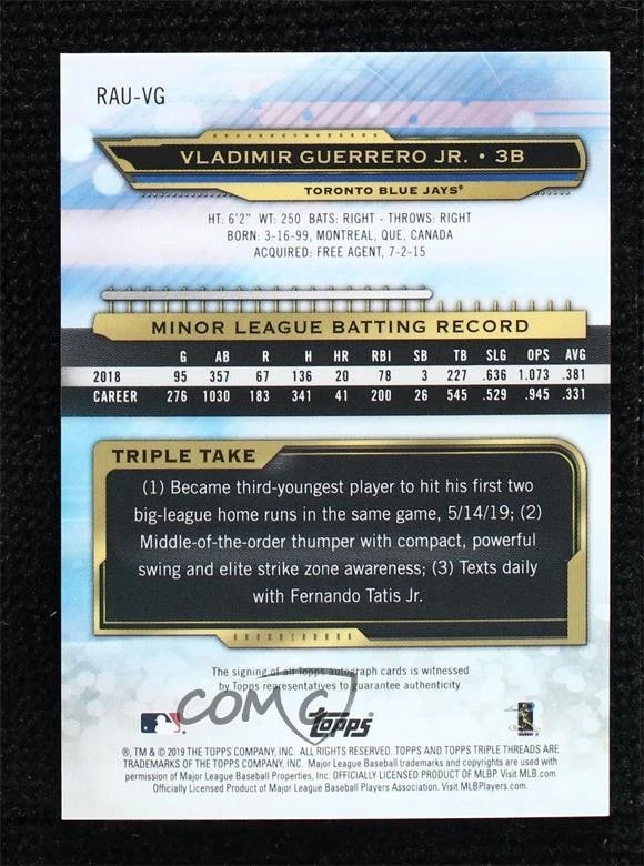 2019 Topps Triple Threads Rookie Auto /99 Vladimir Guerrero Jr #RAU-VG Auto RC - Image 2 of 2