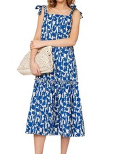 Tory Burch White and Blue Drop Waist Tie Shoulder Midi Summer Dress