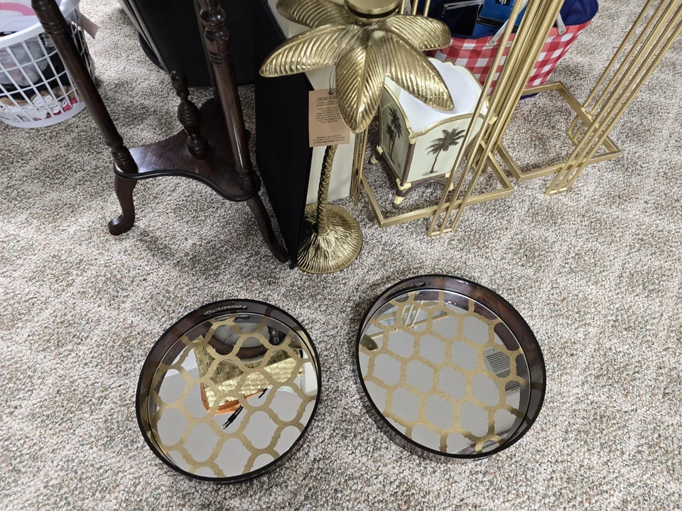 Pair Fuzhou Rirong imports 14 inch Hard Wood & Mirror Glass Round Serving Tray - Image 2 of 4