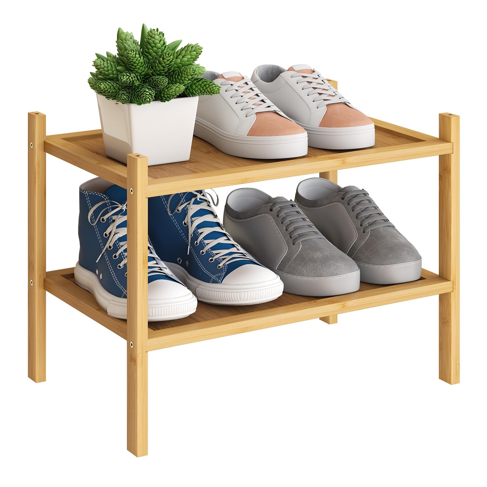 2-Tier Stackable Bamboo Shoe Rack Organizer for Compact Storage