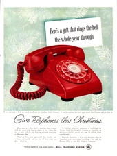 Bell Telephone System Red Rotary Phone Christmas Gift Vintage Print Ad 1957