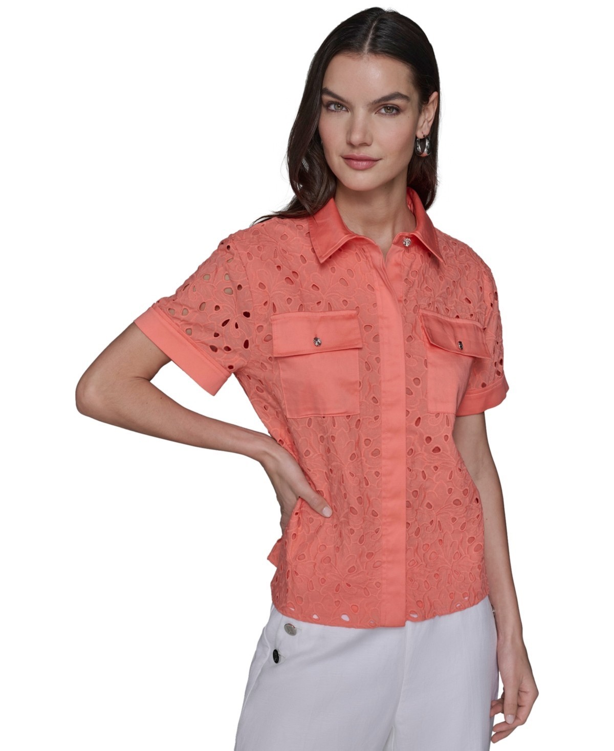 Karl Lagerfeld Paris Eyelet Cotton Shirt Women’s Small Coral Button Closure S/S