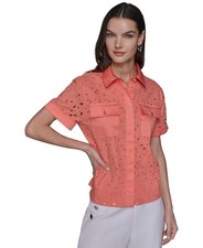 Karl Lagerfeld Paris Eyelet Cotton Shirt Women's Small Coral Button Closure S/S