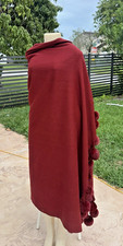 UNBRANDED DEEP RED FUR BALL TRIM CASHMERE WOOL BLEND SHAWL 63