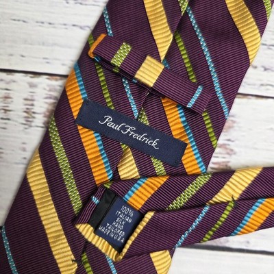 Paul Frederick 100% Italian Silk Tie Colorful Multicolor Stripes Purple 3.5x66