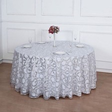 120" SILVERSheer Tulle Round TABLECLOTH Embroidered Sequins Party Events