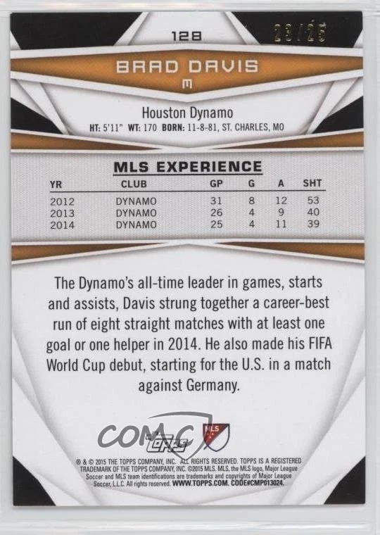 2015 Topps MLS Gold /25 Brad Davis #128 - Image 2 of 2
