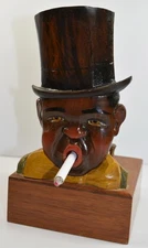 Vintage Wood Cigarette Dispenser Man Wearing Black Top Hat