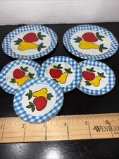 VINTAGE OHIO ART TIN TOY TEAS SET PLATES LITHOGRAPH CUP FRUIT