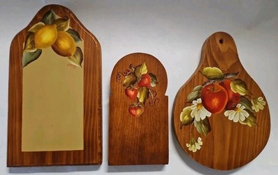 Vintage Cutting Boards Decorative Handpainted Vtg Apples Peaches 80's Kitchen
