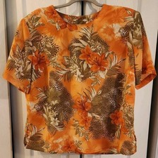 Vintage Kathy Che Women's Blouse Top XL Floral Orange/tan Short Sleeve 90s EUC
