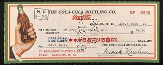 1949 Coca Cola Bottling Co. assegno bancario Sistersville WV con arte a colori