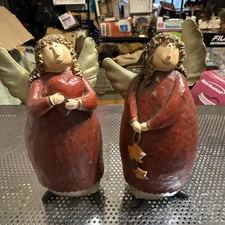2 Curly Haired Angel Figurines Red Robes Holding Heart And Stars Christmas 6.5"
