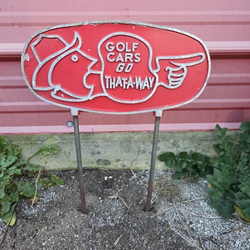 Vintage Golf Cars Go That-A-Way Embossed 2 Sided Metal Sign Advertising Gas Oil