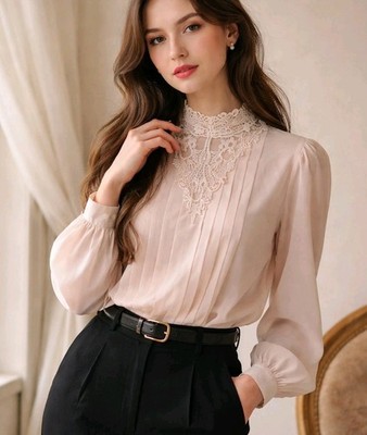 Vintage 90s Victorian Revival Lace Pleated Back Button Blouse Pink