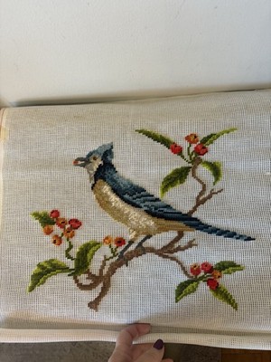 Vtg Unfinished Bird Berries Blue Jay Needlepoint Tapestry 17  Wool