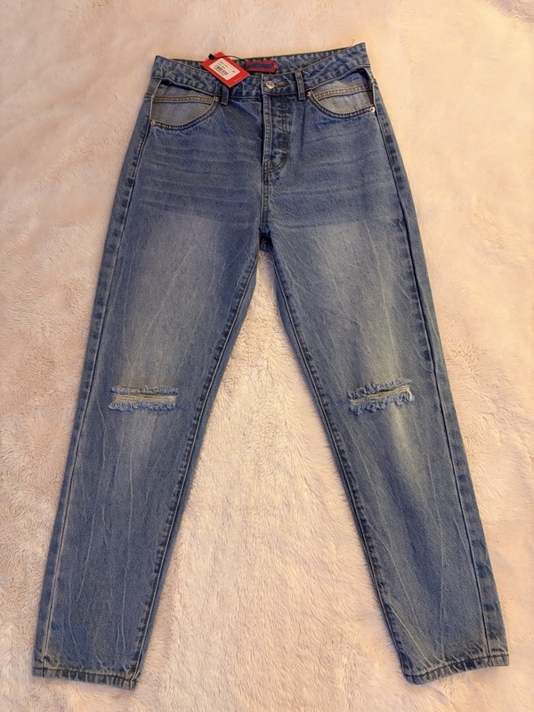 Edikted Women’s Blue Medium Wash Straight Leg Distressed Button Fly Jeans M