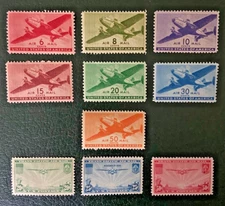 US STAMPS SC# C20-C22 & C25-C31 6c-50c Airplane & Trans-Pacific Airmail Sets MNH