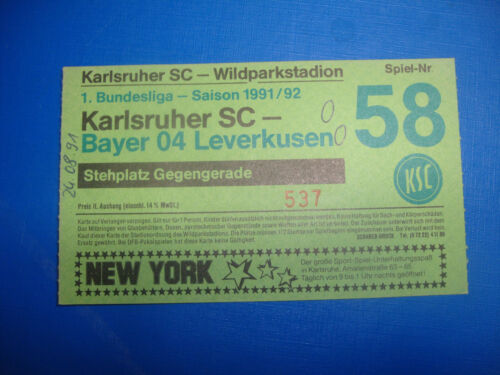 91/92 Ticket Karlsruher SC KSC Bayer Leverkusen Eintrittskarte Bundesliga - Bild 1 von 2
