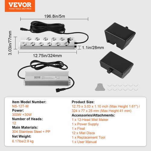 VEVOR 12 Head Ultrasonic Mist Maker 9000mL/H Ultrasonic Fogger IP67 Waterproof - Picture 7 of 12