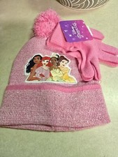NEW Disney PRINCESS   Girls Beanie Hat and Gloves Set Pink One Size w/ Pompon