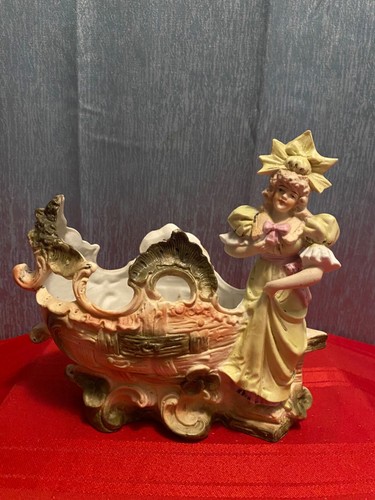 Antique GERMAN Ceramic BISQUE Vase PLANTER Hand Crafted WOMAN & SHIP #10032