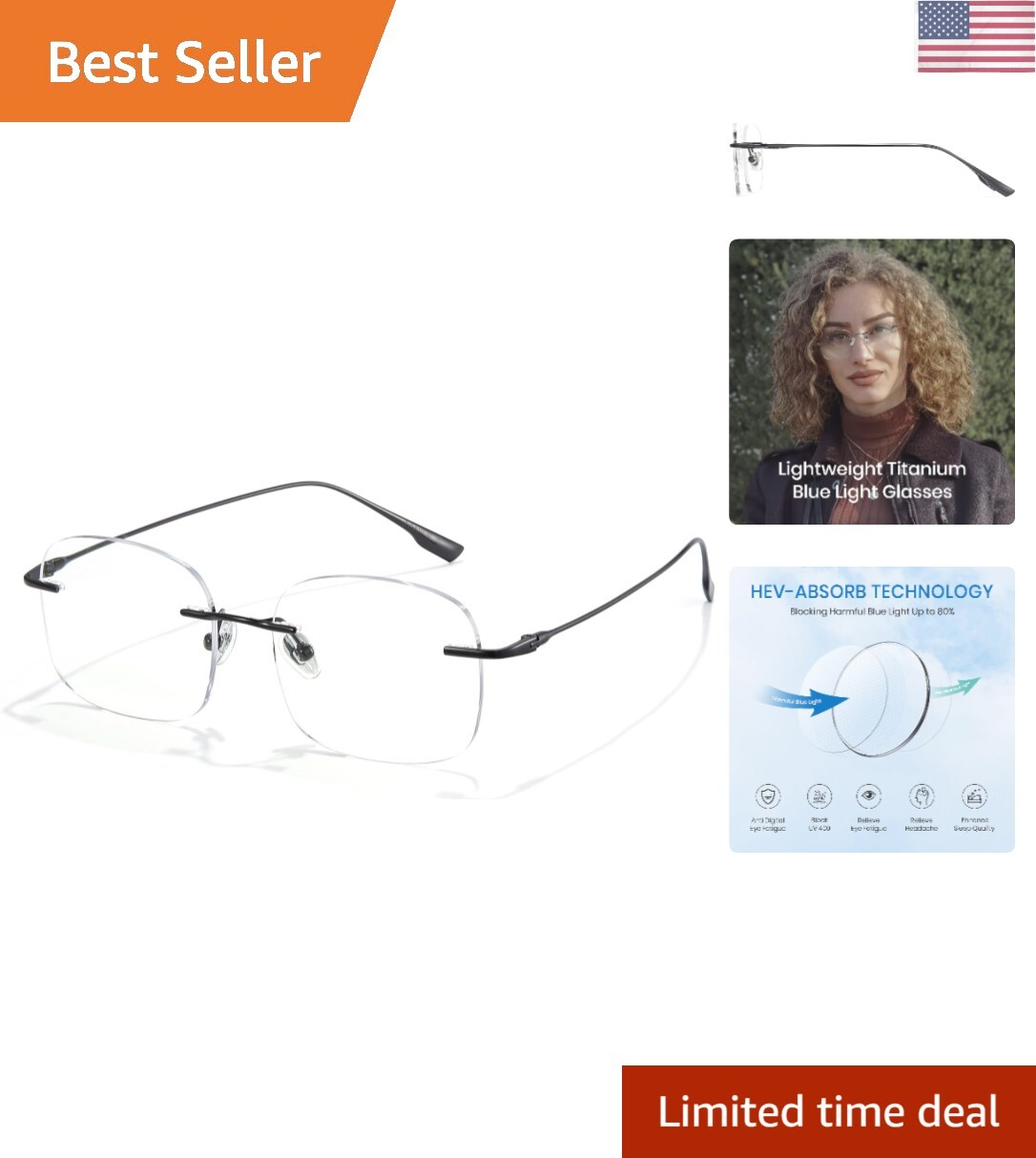 Titanium Blue Light Glasses for Men Frameless Rimless Glasses Computer Glasse...-image
