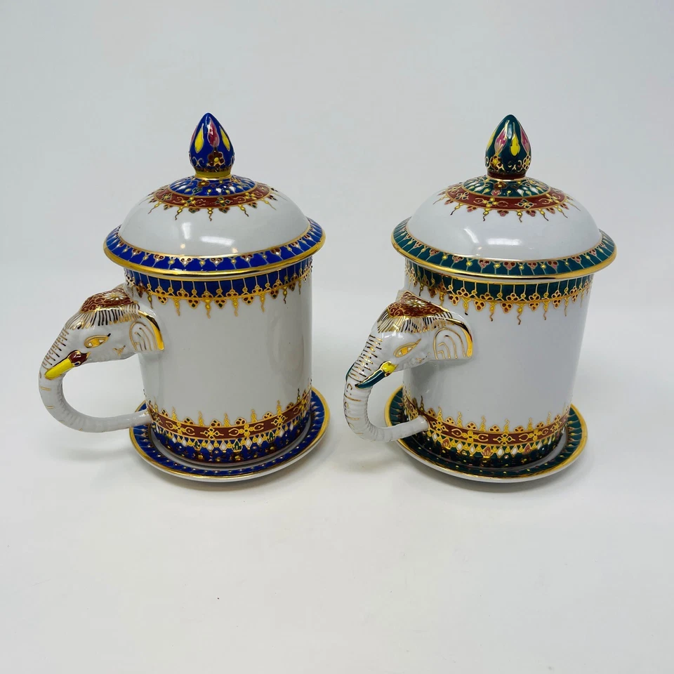 Taza Tailandesa Benjarong Elefante Dorado Azul Verde Blanco Café Porcelana Té Adornado Foto 3 de 4