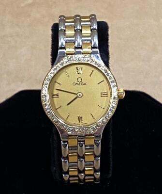 OMEGA DEVILLE DIAMOND BEZEL TWO-TONE 18K 23mm QUARTZ LADIES WATCH